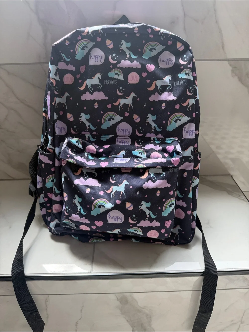 Kids Unicorn Pattern Backpack - Pink & Teal on Black
